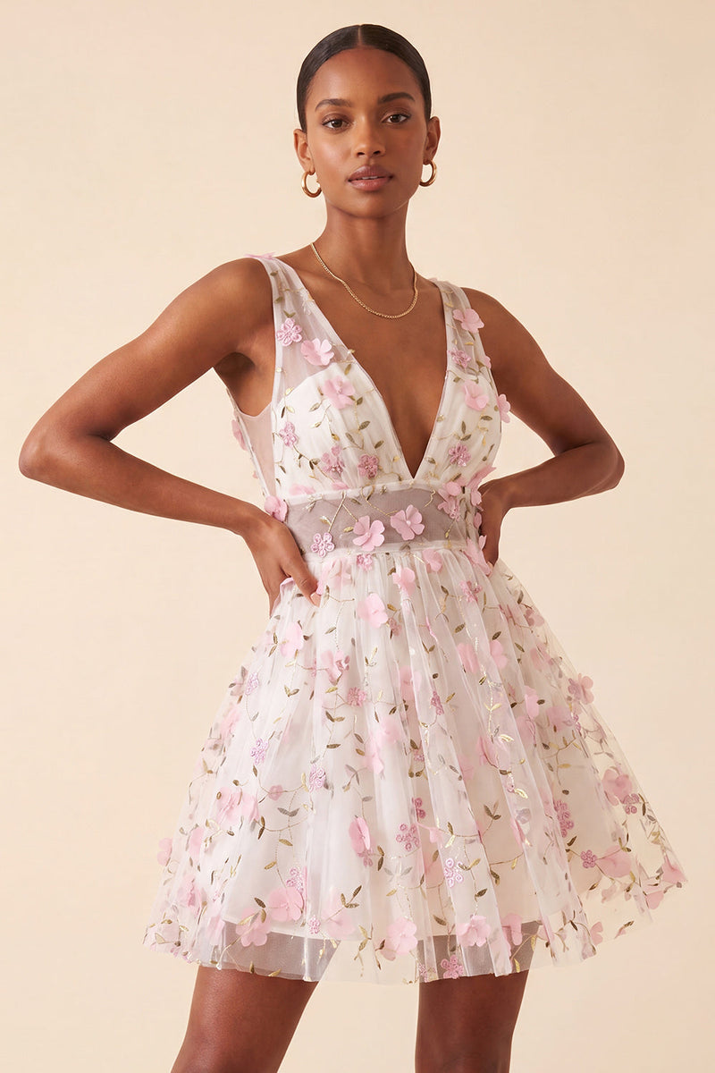 Load image into Gallery viewer, Light Yellow V Neck A Line Short Cocktail Dress with 3D Flowers