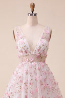 Load image into Gallery viewer, Light Yellow V Neck A Line Short Cocktail Dress with 3D Flowers