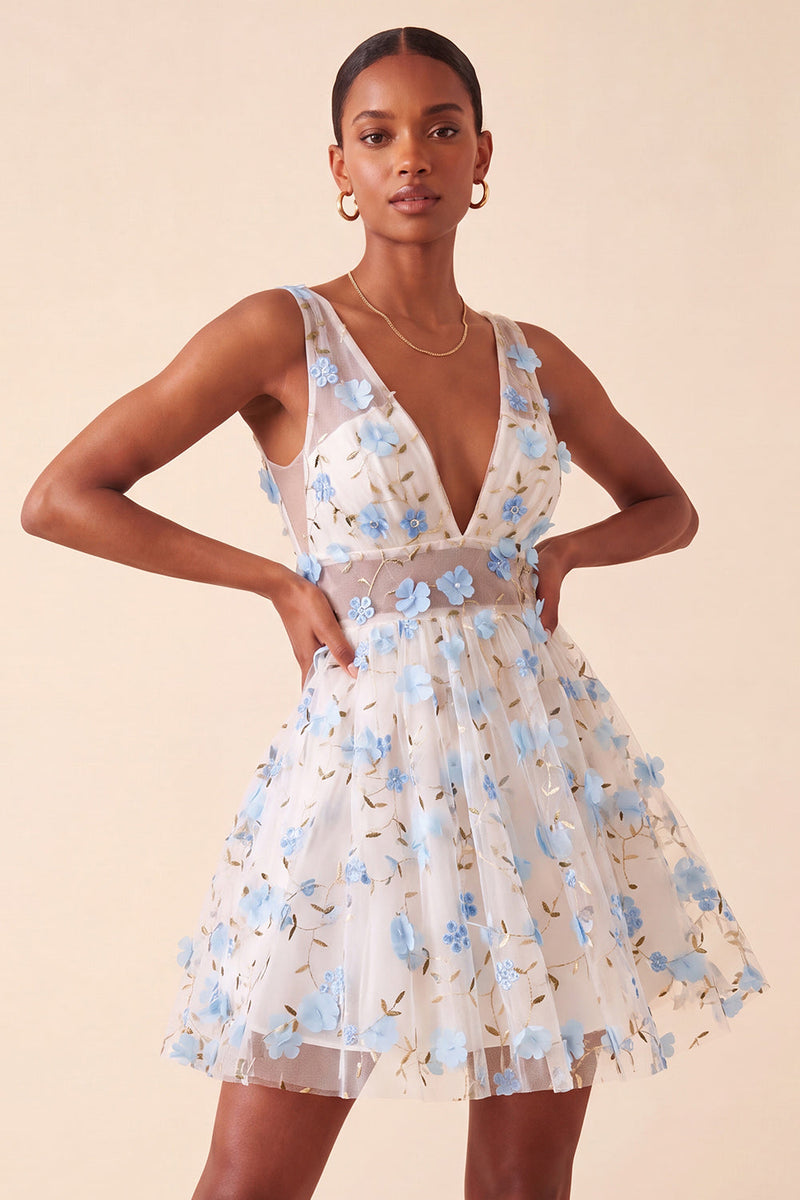 Load image into Gallery viewer, Light Yellow V Neck A Line Short Cocktail Dress with 3D Flowers