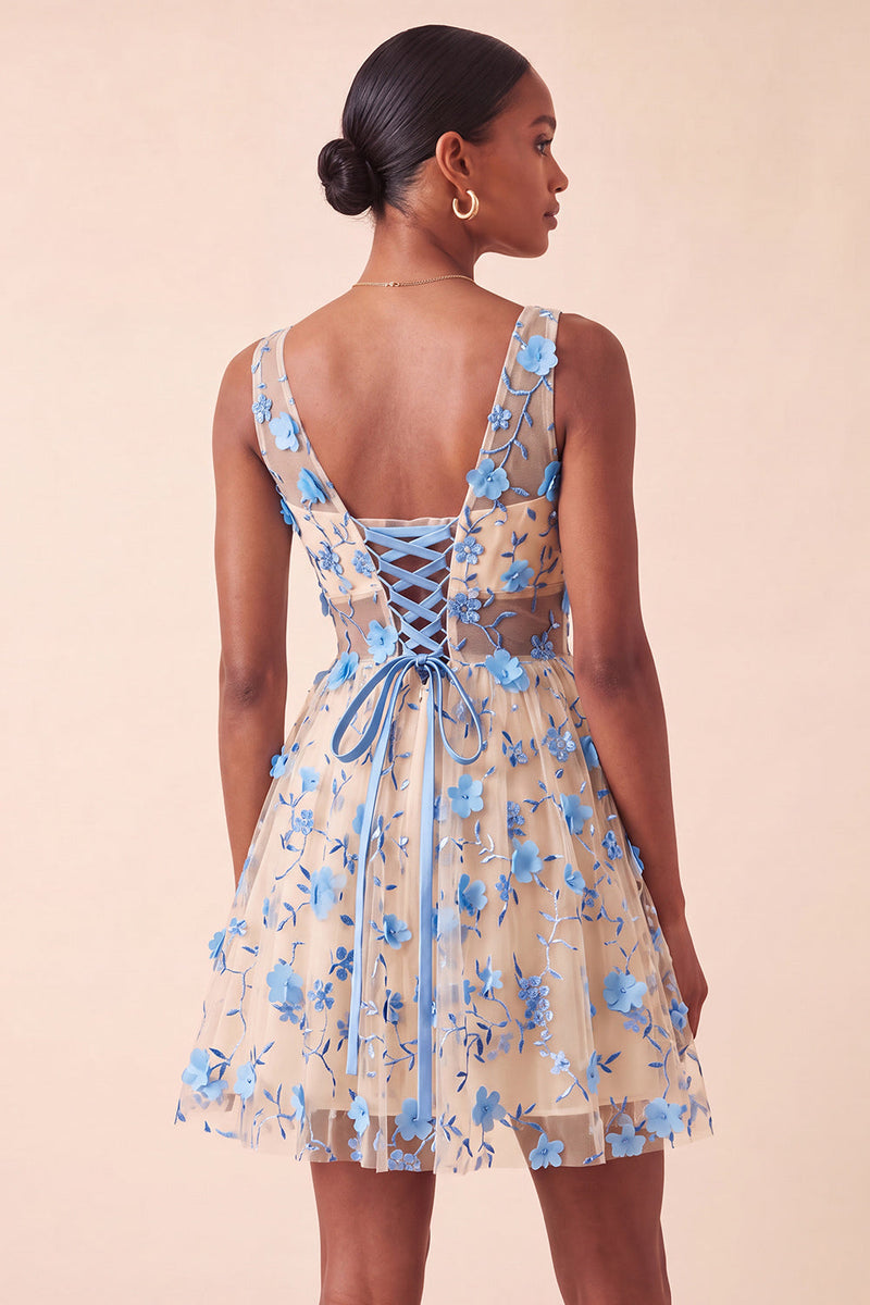 Load image into Gallery viewer, Light Yellow V Neck A Line Short Cocktail Dress with 3D Flowers