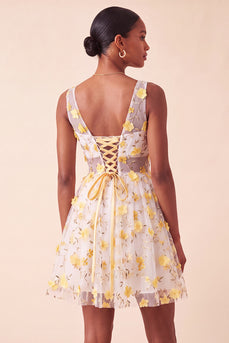 Light Yellow V Neck A Line Short Cocktail Dress with 3D Flowers