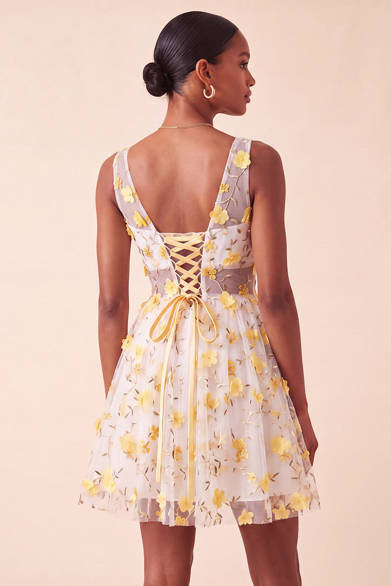 Load image into Gallery viewer, Light Yellow V Neck A Line Short Cocktail Dress with 3D Flowers