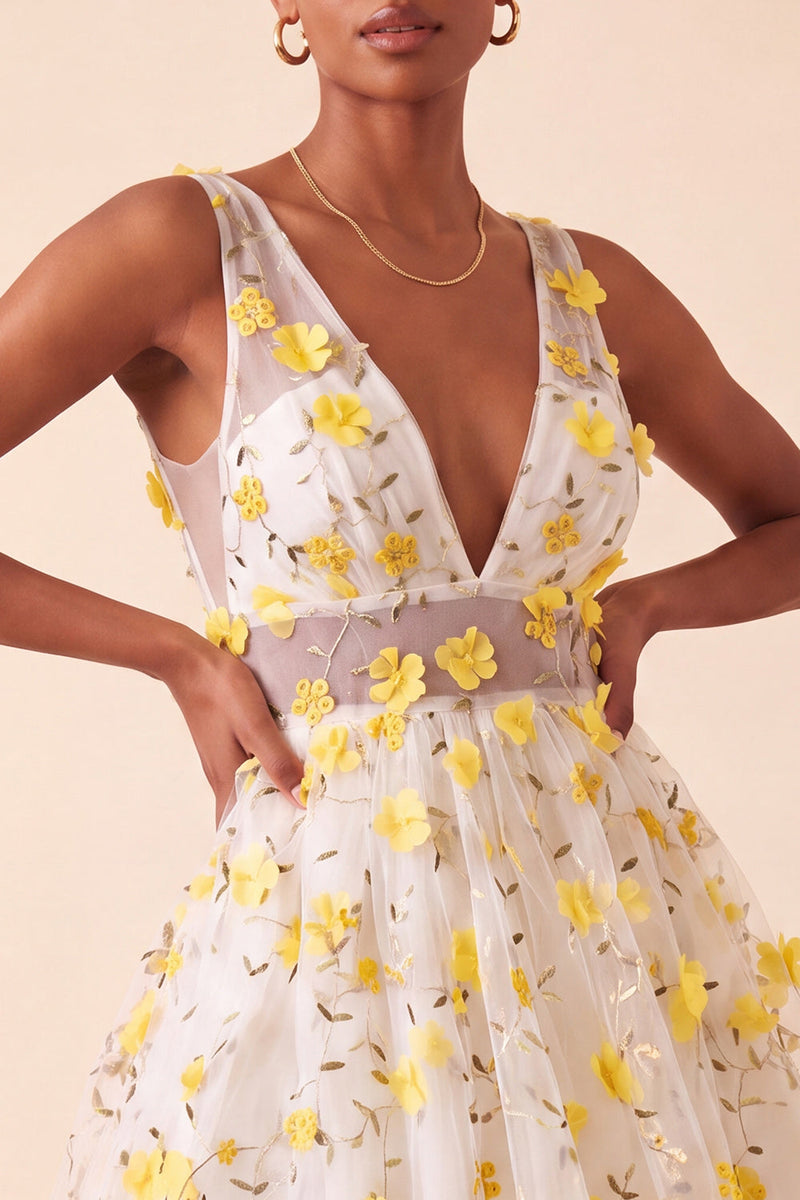 Load image into Gallery viewer, Light Yellow V Neck A Line Short Cocktail Dress with 3D Flowers