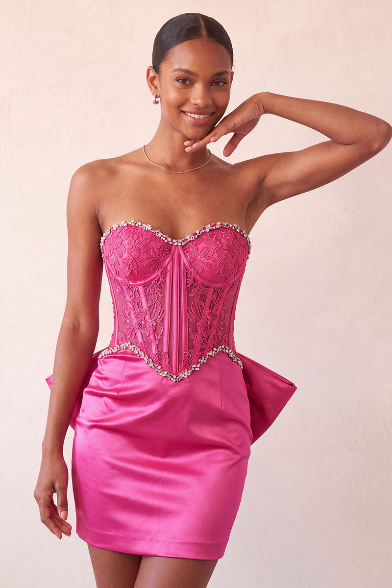 Load image into Gallery viewer, Fuchsia Satin Appliqued Tight Short Corset Cocktail Dress with Bow