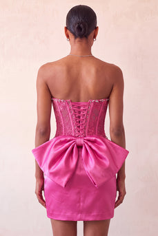 Fuchsia Satin Appliqued Tight Short Corset Cocktail Dress with Bow
