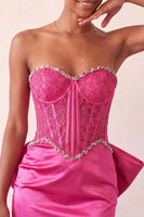 Load image into Gallery viewer, Fuchsia Satin Appliqued Tight Short Corset Cocktail Dress with Bow