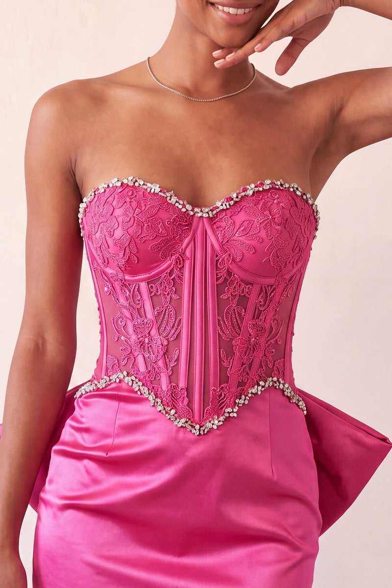 Load image into Gallery viewer, Fuchsia Satin Appliqued Tight Short Corset Cocktail Dress with Bow