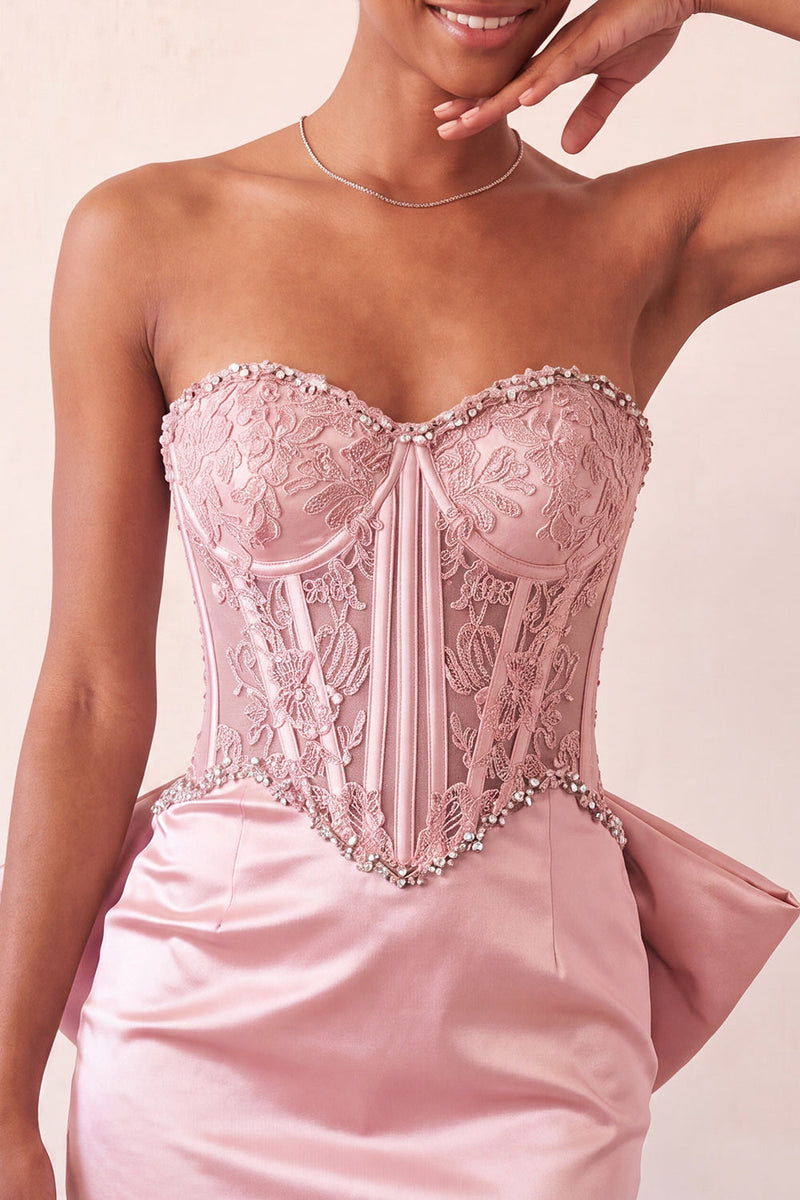 Load image into Gallery viewer, Fuchsia Satin Appliqued Tight Short Corset Cocktail Dress with Bow