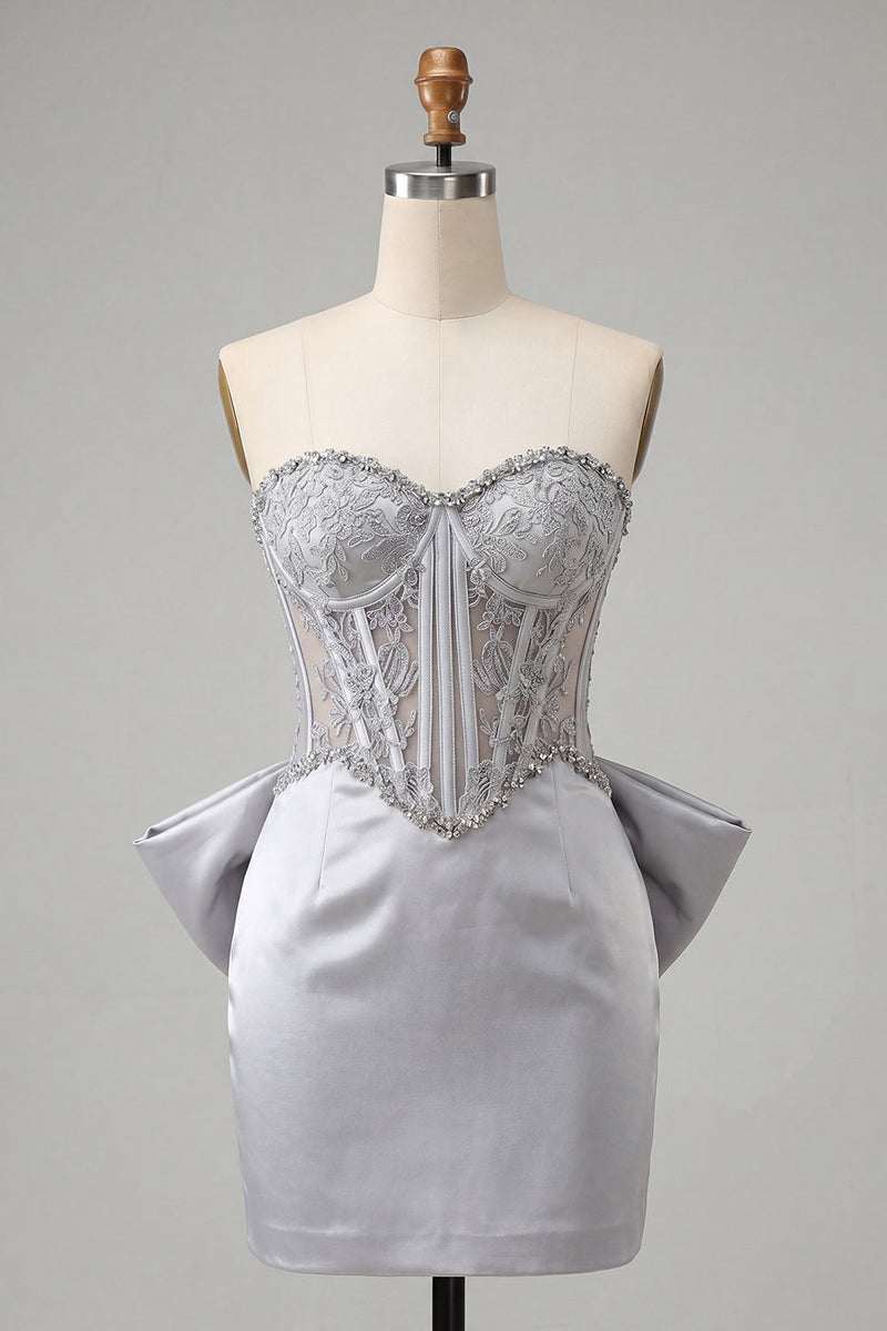 Load image into Gallery viewer, Fuchsia Satin Appliqued Tight Short Corset Cocktail Dress with Bow