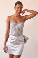 Load image into Gallery viewer, Fuchsia Satin Appliqued Tight Short Corset Cocktail Dress with Bow