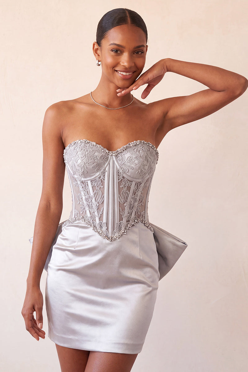 Load image into Gallery viewer, Fuchsia Satin Appliqued Tight Short Corset Cocktail Dress with Bow