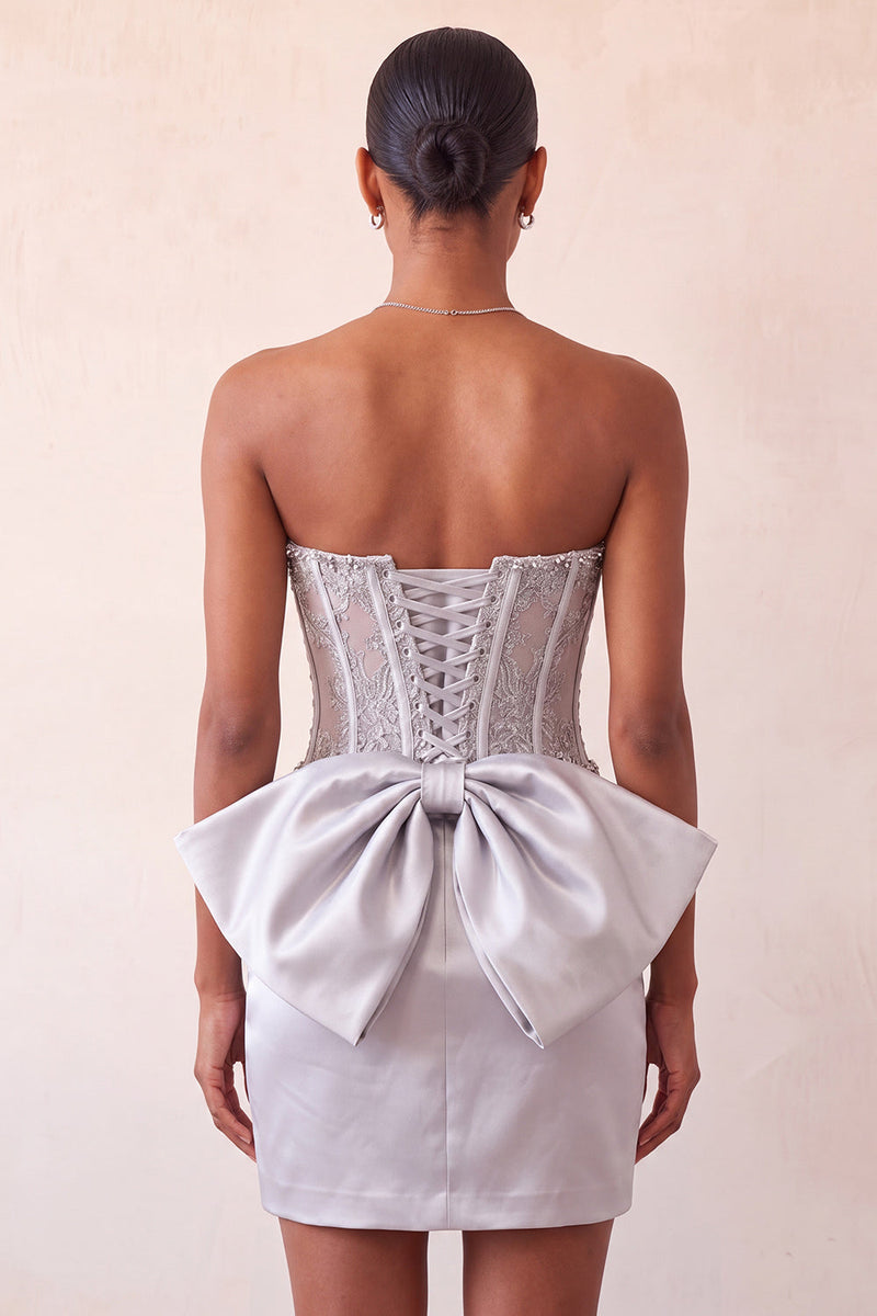 Load image into Gallery viewer, Fuchsia Satin Appliqued Tight Short Corset Cocktail Dress with Bow