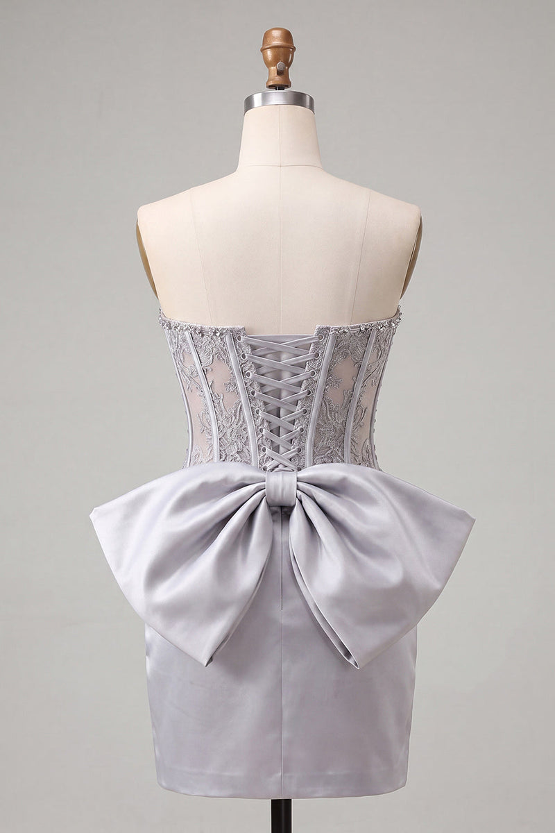 Load image into Gallery viewer, Fuchsia Satin Appliqued Tight Short Corset Cocktail Dress with Bow