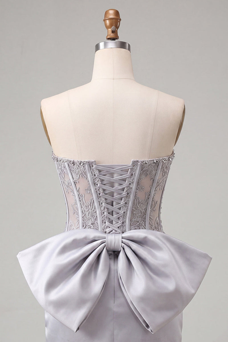 Load image into Gallery viewer, Fuchsia Satin Appliqued Tight Short Corset Cocktail Dress with Bow
