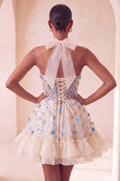 Load image into Gallery viewer, Floral Light Pink Corset Ruffled Halter A Line Short Cocktail Dress