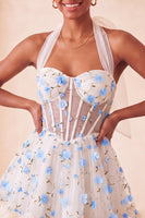 Load image into Gallery viewer, Floral Light Pink Corset Ruffled Halter A Line Short Cocktail Dress