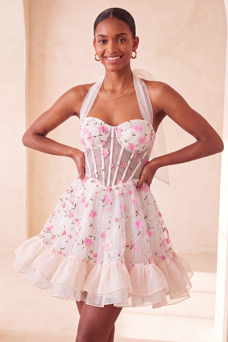 Load image into Gallery viewer, Floral Light Pink Corset Ruffled Halter A Line Short Cocktail Dress