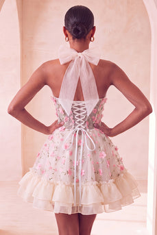 Floral Light Pink Corset Ruffled Halter A Line Short Cocktail Dress