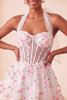 Load image into Gallery viewer, Floral Light Pink Corset Ruffled Halter A Line Short Cocktail Dress