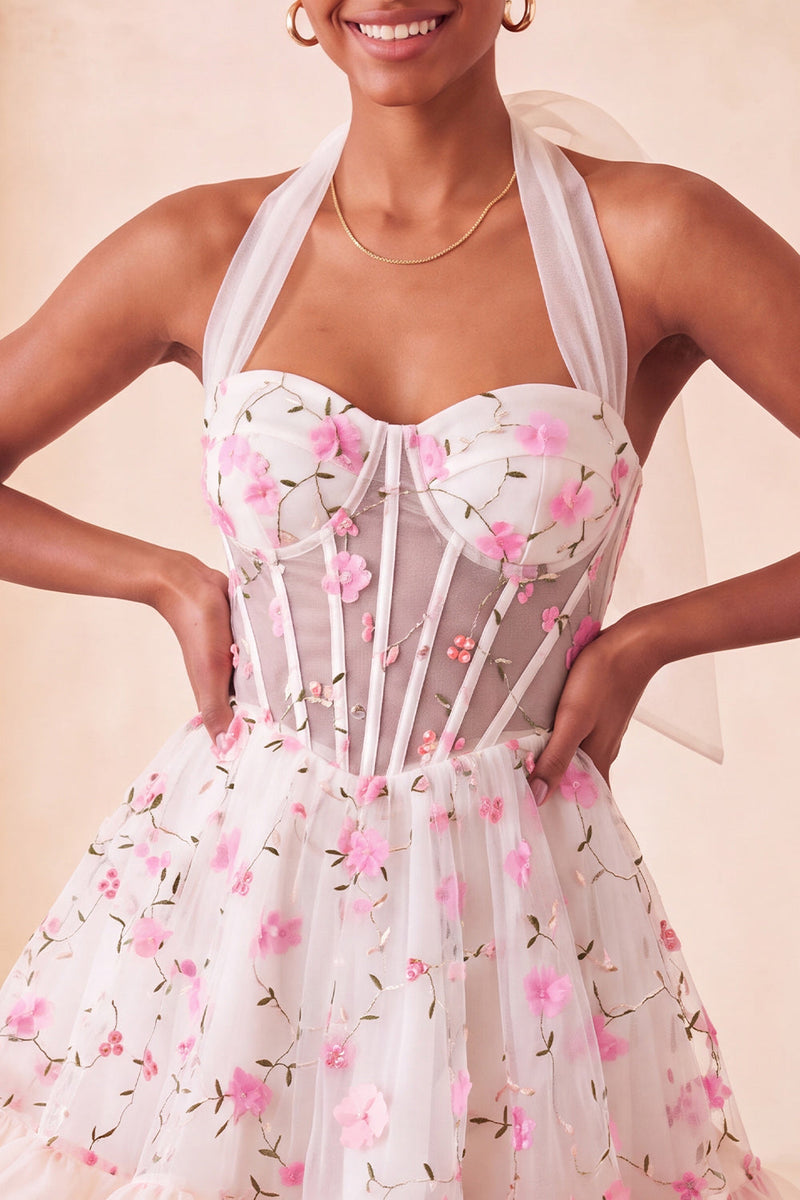 Load image into Gallery viewer, Floral Light Pink Corset Ruffled Halter A Line Short Cocktail Dress