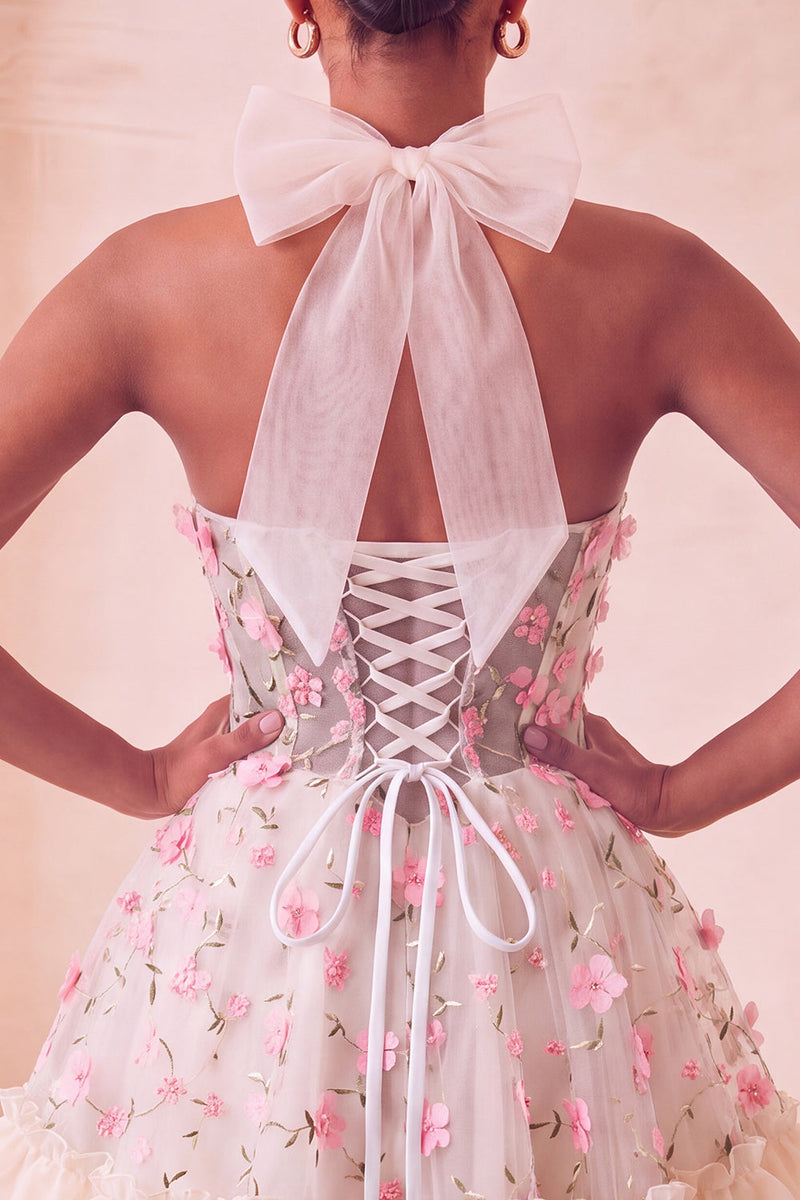 Load image into Gallery viewer, Floral Light Pink Corset Ruffled Halter A Line Short Cocktail Dress