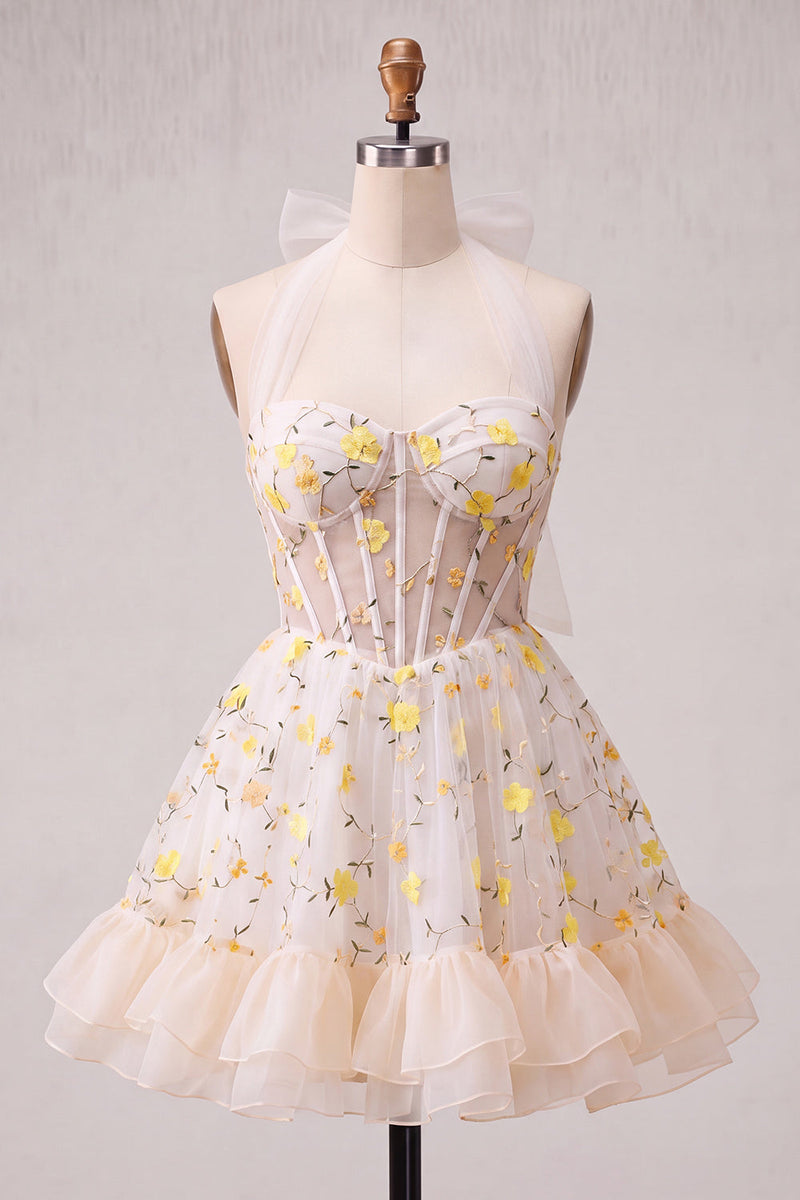 Load image into Gallery viewer, Floral Light Pink Corset Ruffled Halter A Line Short Cocktail Dress