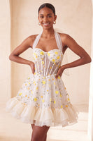 Load image into Gallery viewer, Floral Light Pink Corset Ruffled Halter A Line Short Cocktail Dress