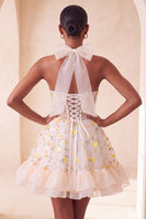 Load image into Gallery viewer, Floral Light Pink Corset Ruffled Halter A Line Short Cocktail Dress