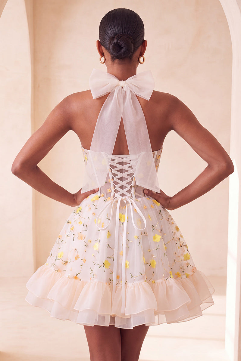 Load image into Gallery viewer, Floral Light Pink Corset Ruffled Halter A Line Short Cocktail Dress