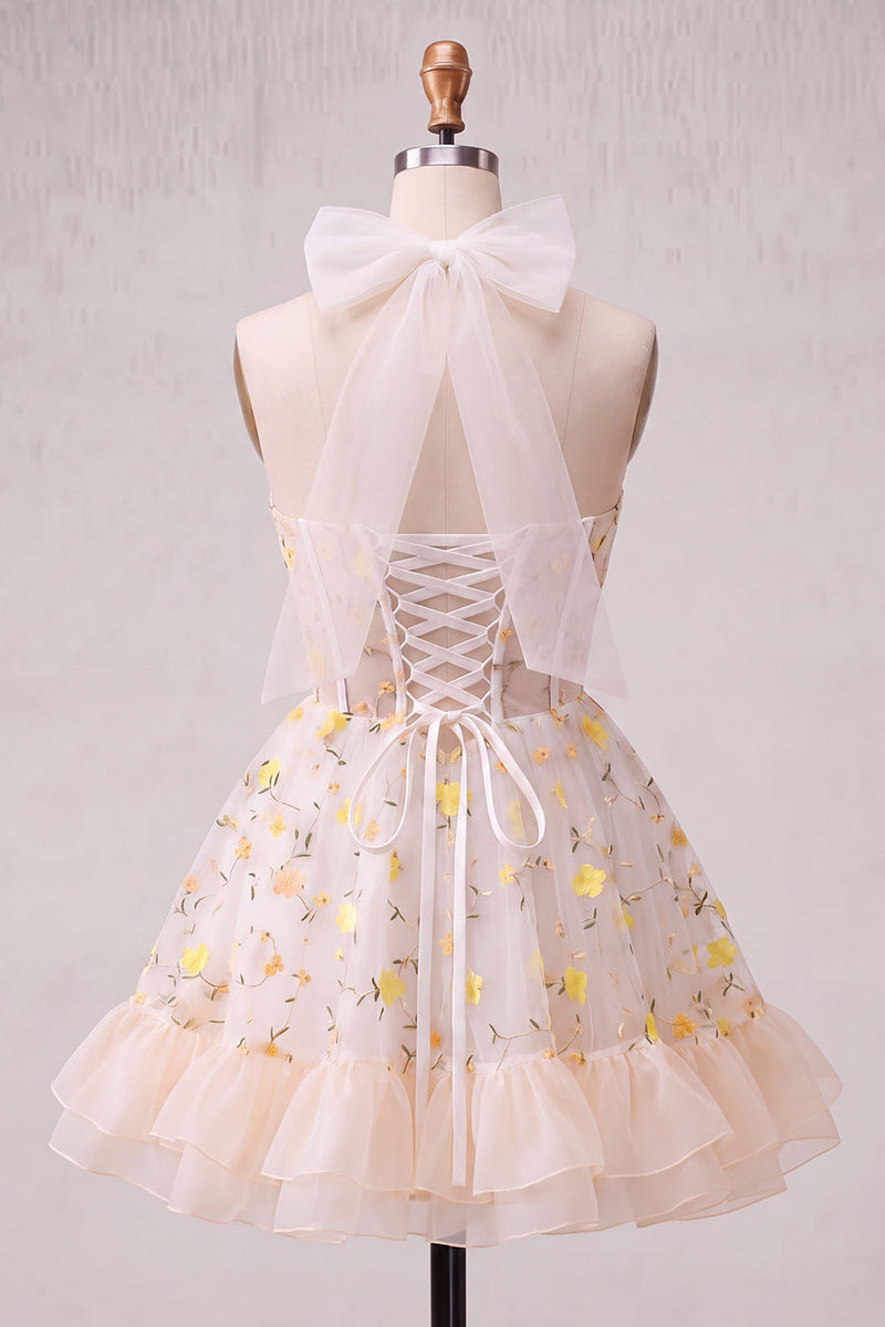 Load image into Gallery viewer, Floral Light Pink Corset Ruffled Halter A Line Short Cocktail Dress