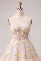Load image into Gallery viewer, Floral Light Pink Corset Ruffled Halter A Line Short Cocktail Dress