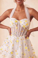 Load image into Gallery viewer, Floral Light Pink Corset Ruffled Halter A Line Short Cocktail Dress