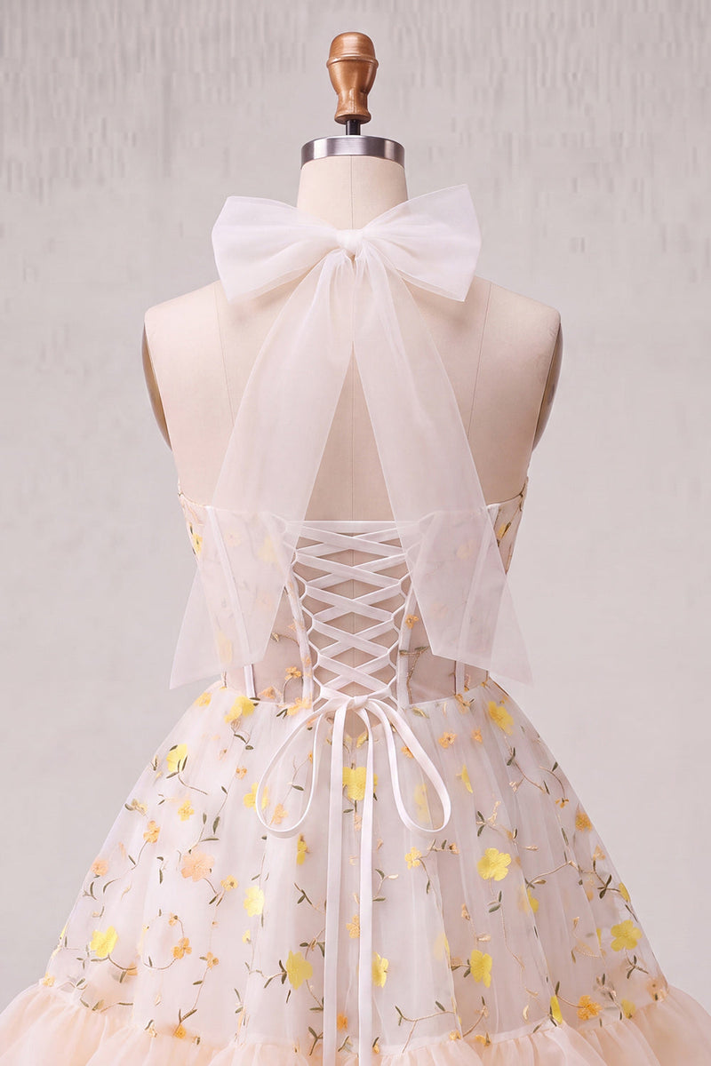 Load image into Gallery viewer, Floral Light Pink Corset Ruffled Halter A Line Short Cocktail Dress