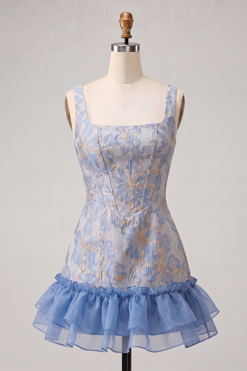 Load image into Gallery viewer, Champagne Jacquard Corset Ruffled A-Line Short Cocktail Dress