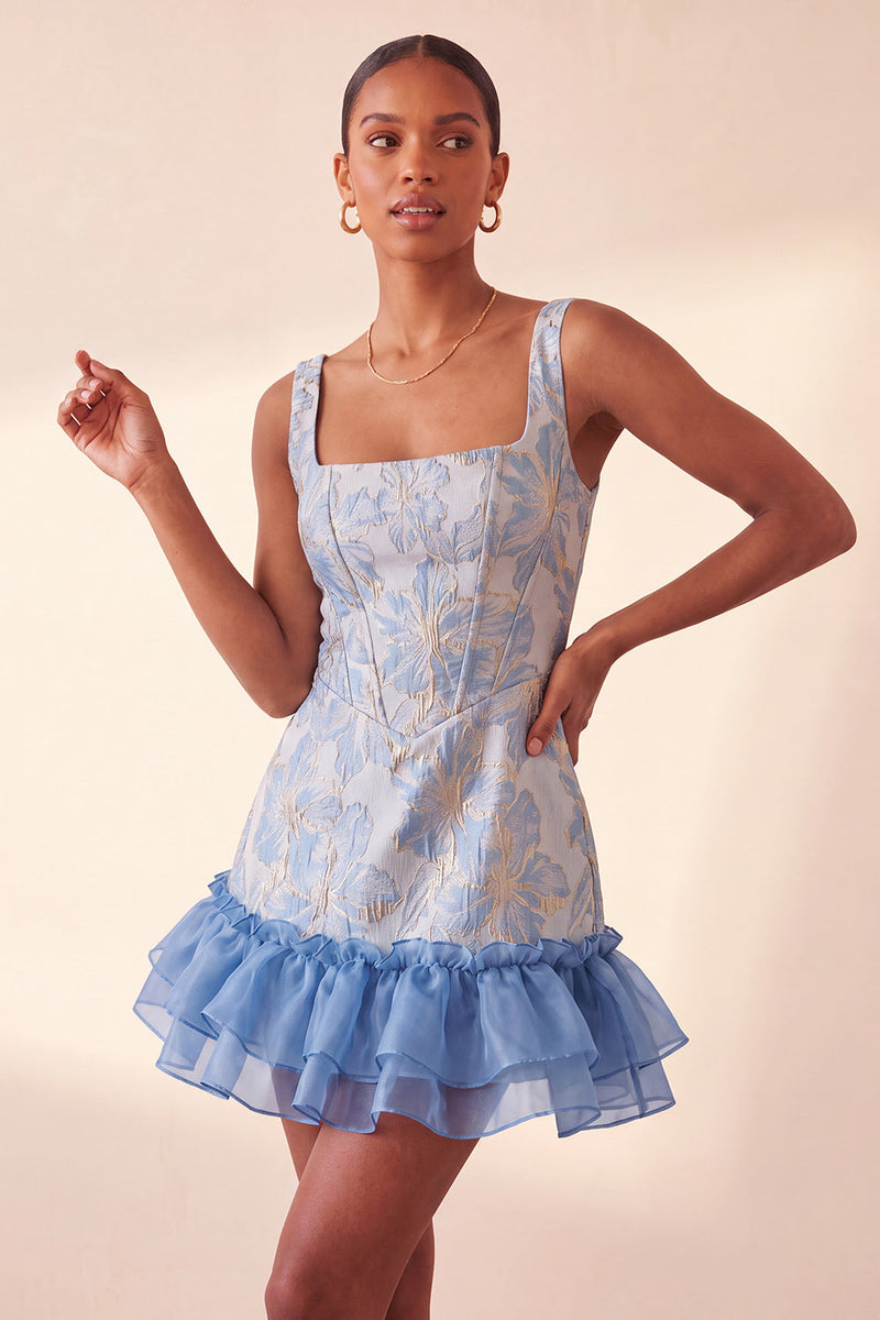 Load image into Gallery viewer, Champagne Jacquard Corset Ruffled A-Line Short Cocktail Dress