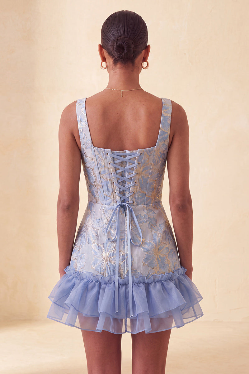 Load image into Gallery viewer, Champagne Jacquard Corset Ruffled A-Line Short Cocktail Dress