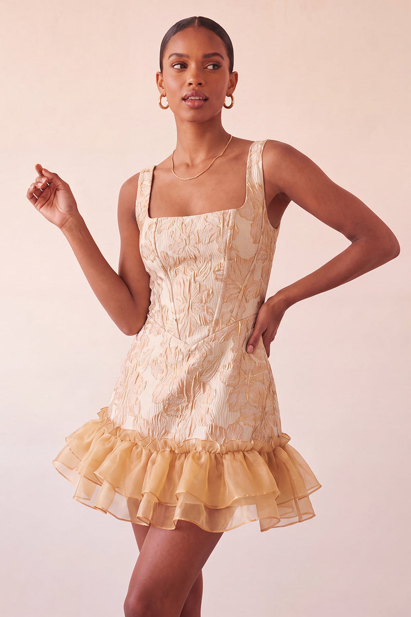 Load image into Gallery viewer, Champagne Jacquard Corset Ruffled A-Line Short Cocktail Dress