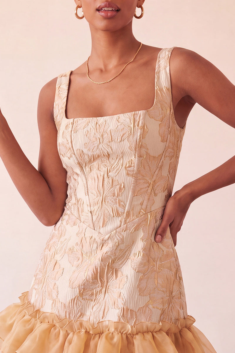 Load image into Gallery viewer, Champagne Jacquard Corset Ruffled A-Line Short Cocktail Dress