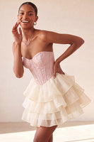 Load image into Gallery viewer, Sage Green Jacquard Tiered Ruffled A Line Short Corset Party Dress