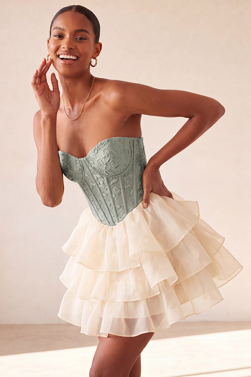 Load image into Gallery viewer, Sage Green Jacquard Tiered Ruffled A Line Short Corset Party Dress