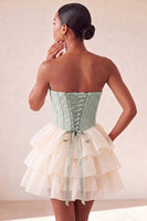 Load image into Gallery viewer, Sage Green Jacquard Tiered Ruffled A Line Short Corset Party Dress