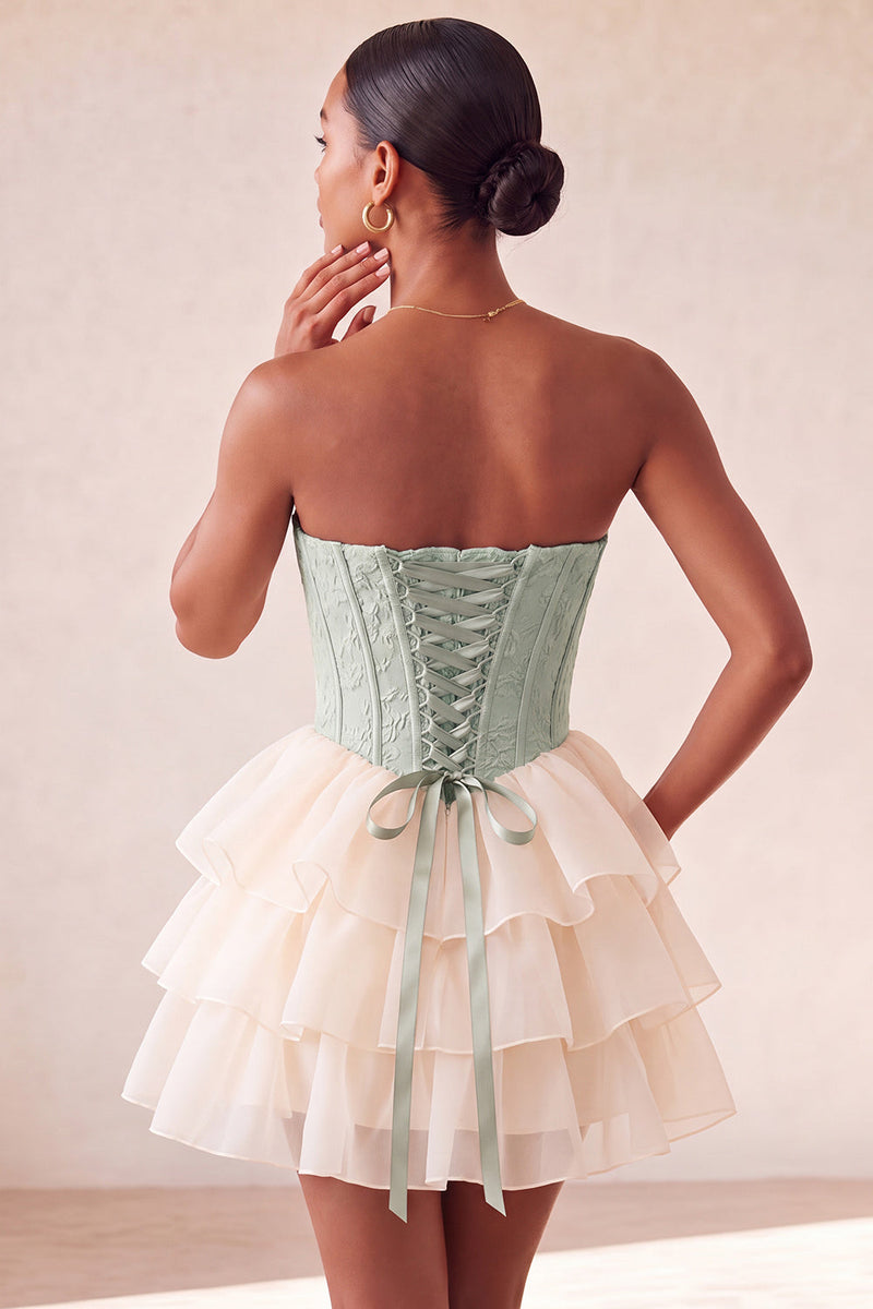 Load image into Gallery viewer, Sage Green Jacquard Tiered Ruffled A Line Short Corset Party Dress