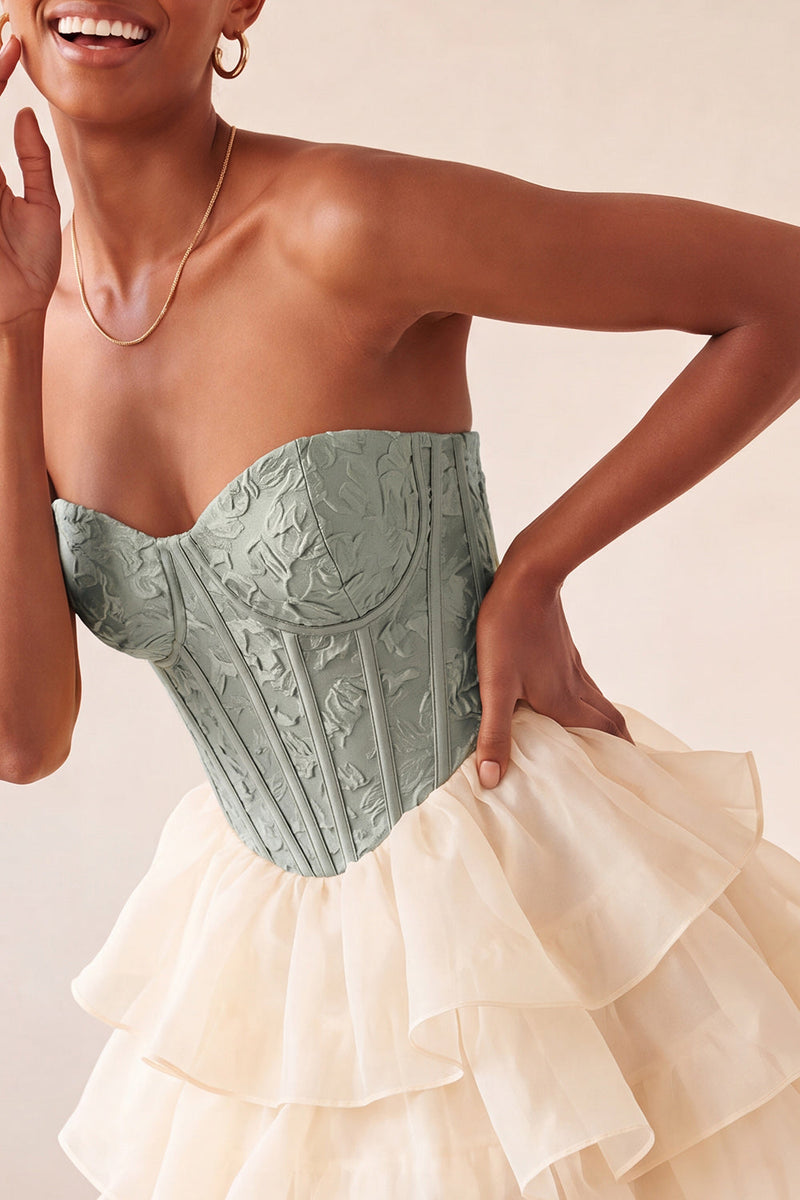Load image into Gallery viewer, Sage Green Jacquard Tiered Ruffled A Line Short Corset Party Dress