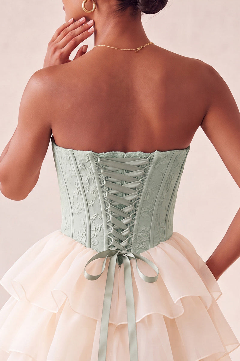 Load image into Gallery viewer, Sage Green Jacquard Tiered Ruffled A Line Short Corset Party Dress