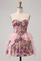 Load image into Gallery viewer, Sparkly Red Floral Corset Sequin Ruffled Short Cocktail Dress