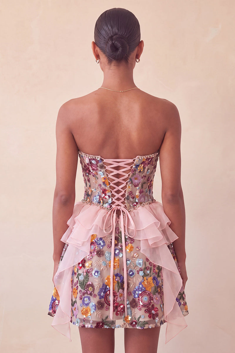 Load image into Gallery viewer, Sparkly Red Floral Corset Sequin Ruffled Short Cocktail Dress