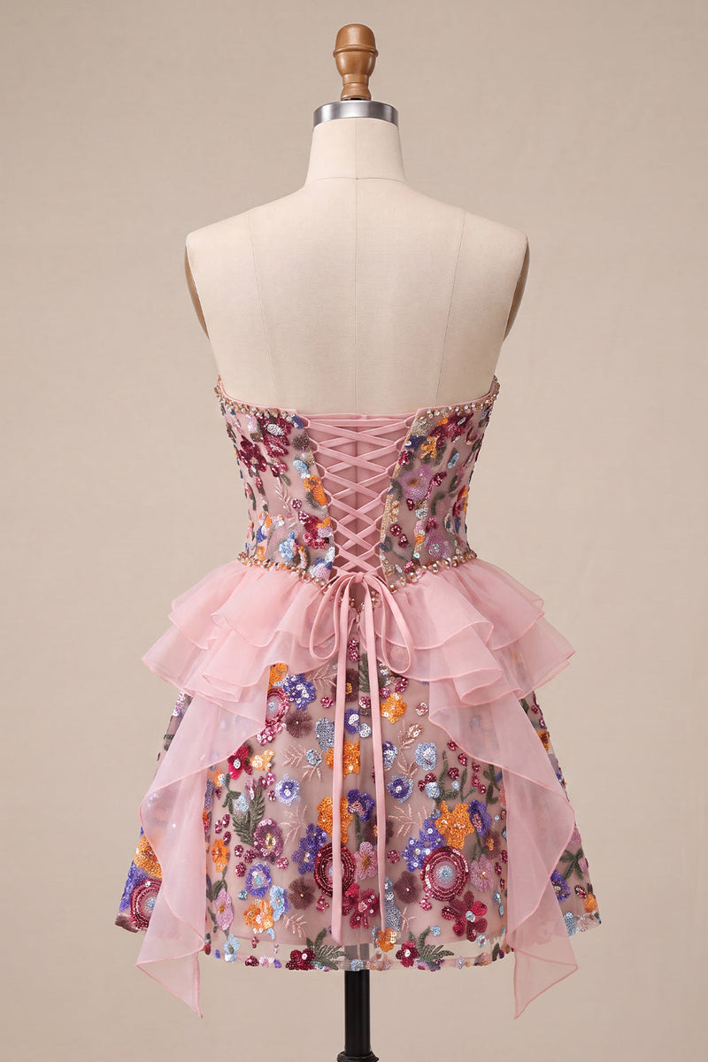 Load image into Gallery viewer, Sparkly Red Floral Corset Sequin Ruffled Short Cocktail Dress