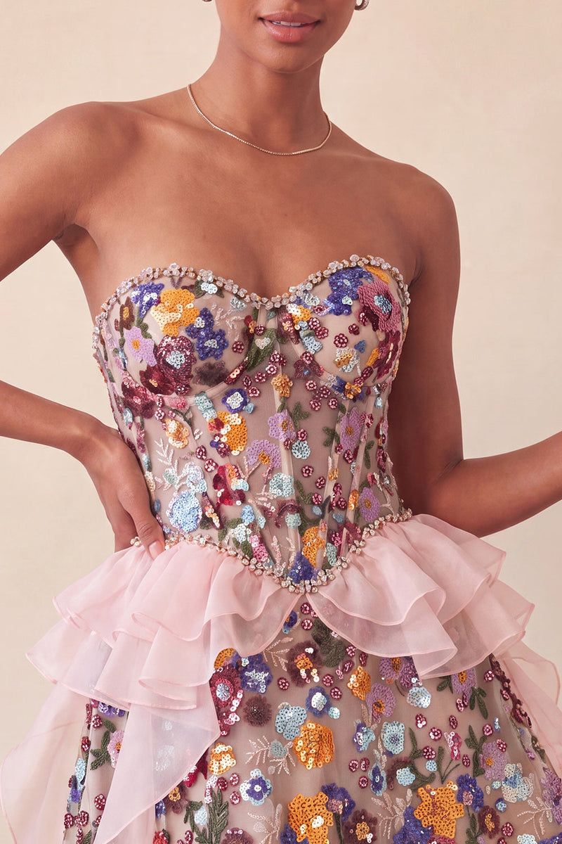Load image into Gallery viewer, Sparkly Red Floral Corset Sequin Ruffled Short Cocktail Dress