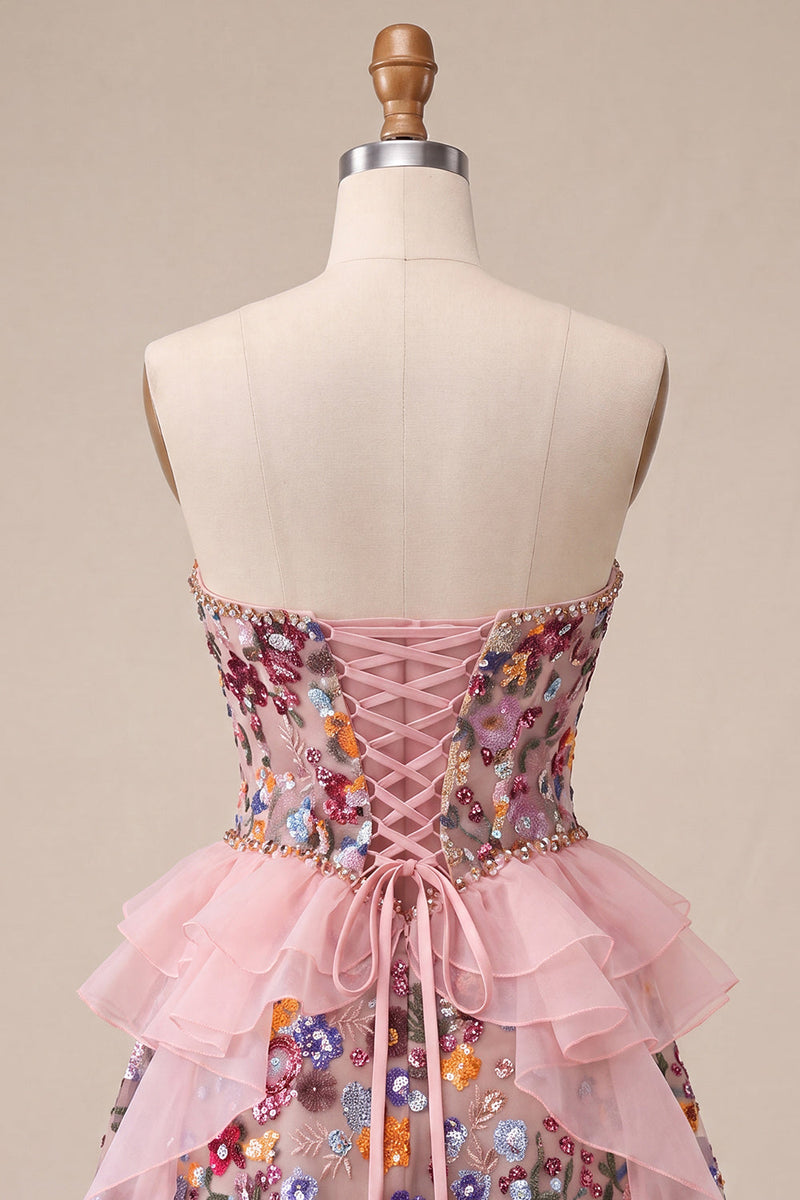 Load image into Gallery viewer, Sparkly Red Floral Corset Sequin Ruffled Short Cocktail Dress