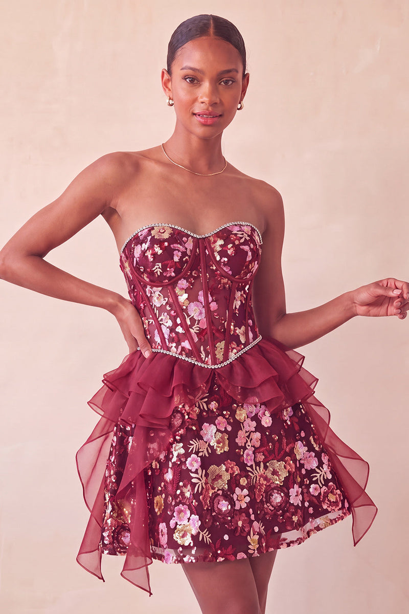 Load image into Gallery viewer, Sparkly Red Floral Corset Sequin Ruffled Short Cocktail Dress